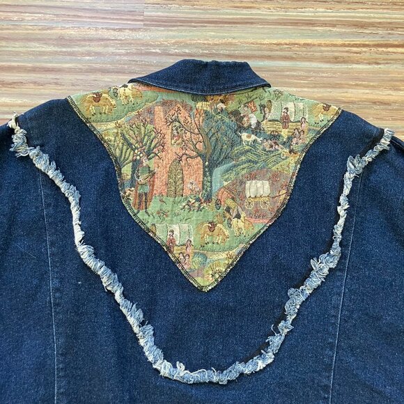 Tapestry Denim Jacket Dark Jean Horse Wagon Pattern Vintage 80s Made in Canada - Picture 3 of 8